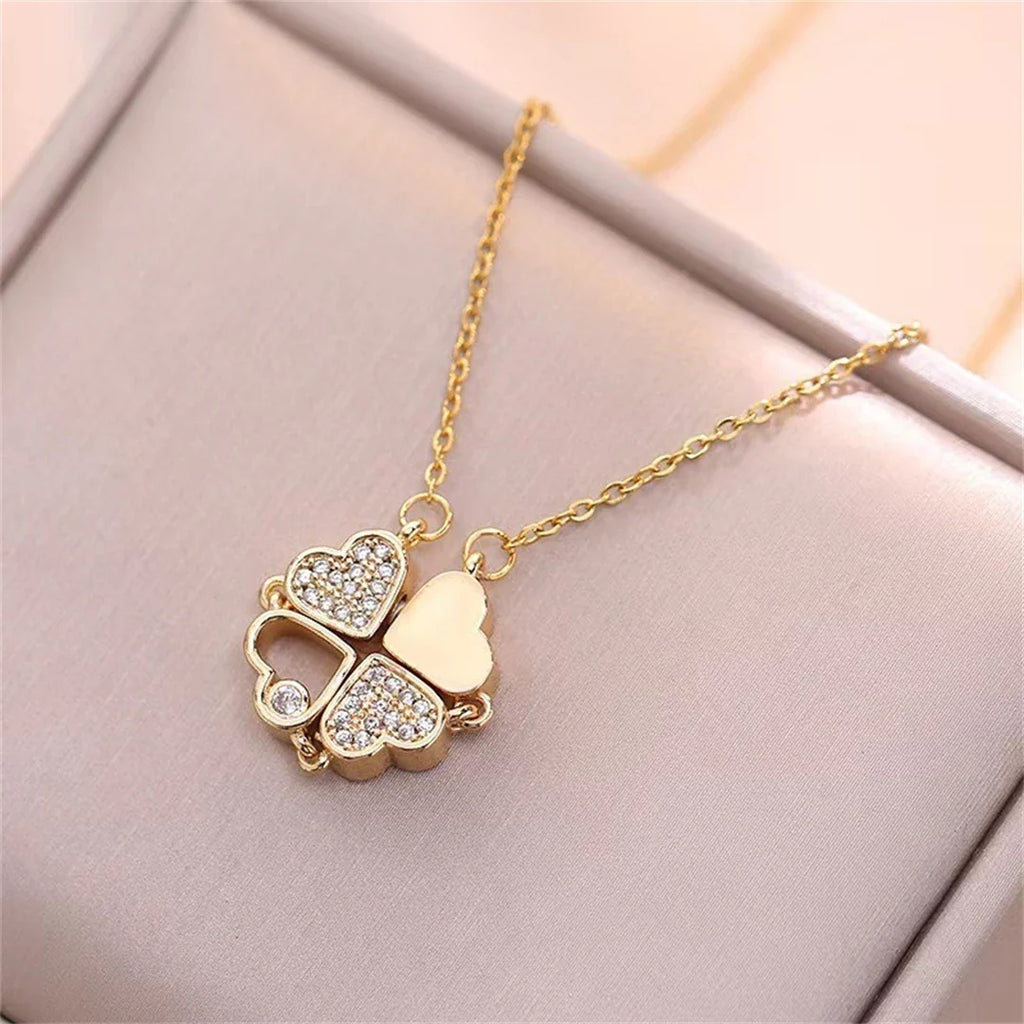 Necklace with Four-Leaf Clover Heart Pendants in gold
