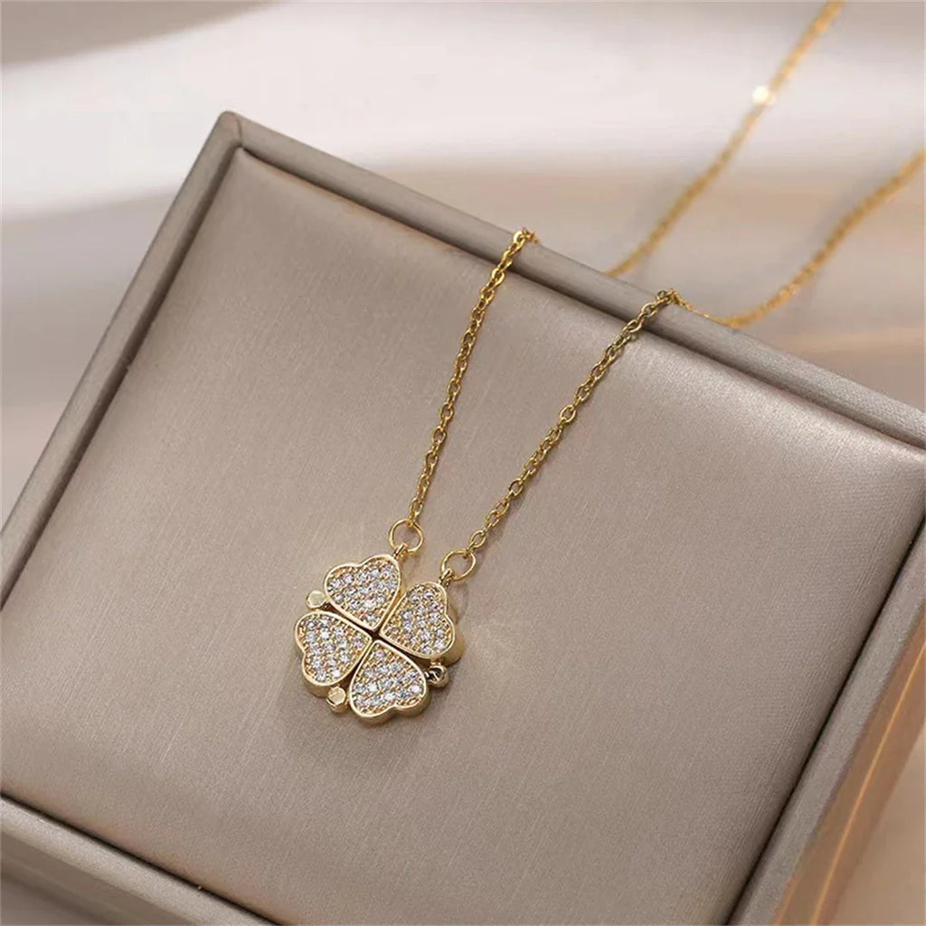 Choker Necklace with Heart and Four-Leaf Clover Pendants for Women gold