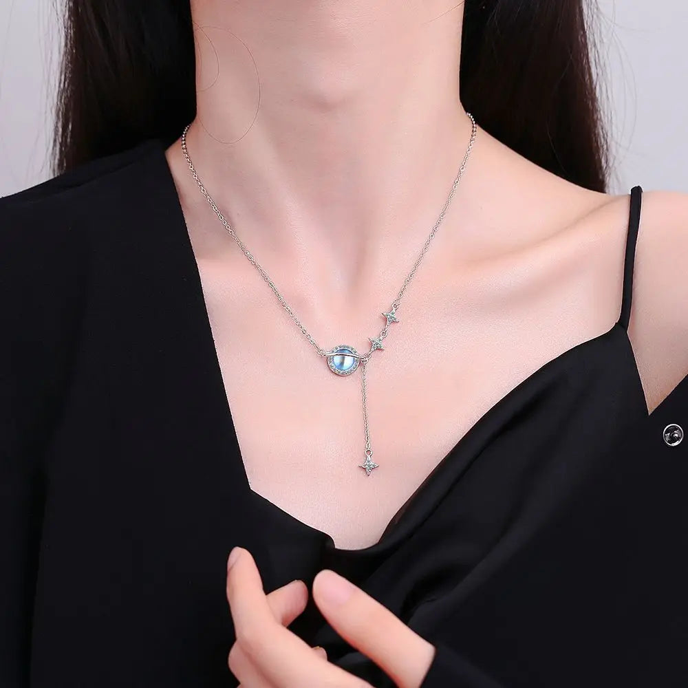 Moonstone Pendant Necklace with Zircon Stars