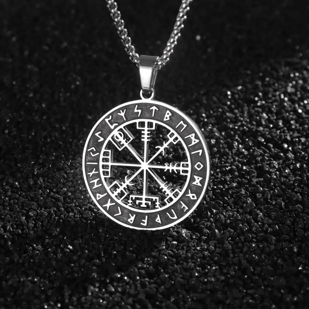 Black Vegvisir Compass Viking Pendant Necklace
