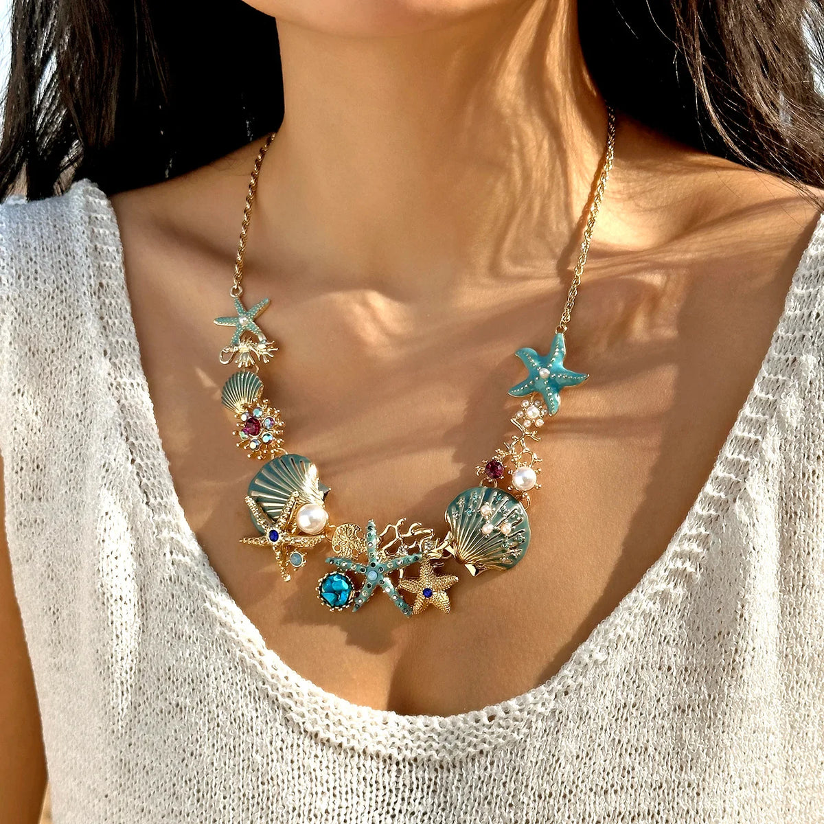 Gold and blue shell necklace