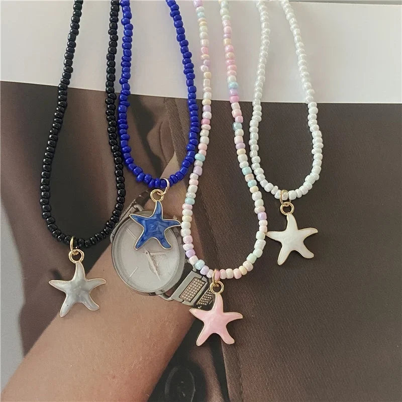 Colorful Pink Seashell Starfish Necklace
