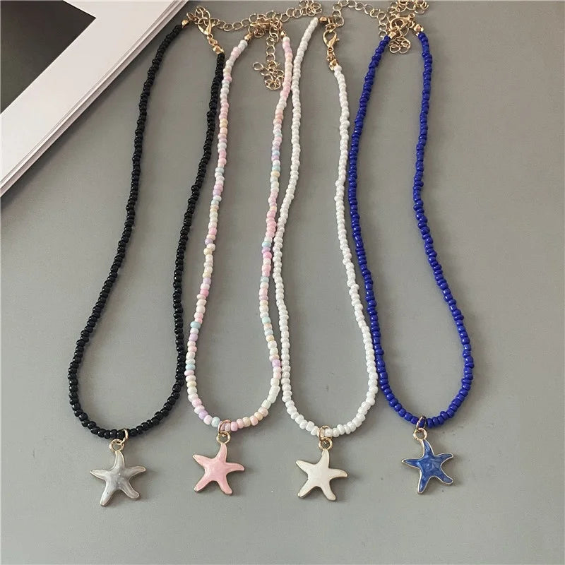 Colorful Blue Seashell Starfish Necklace