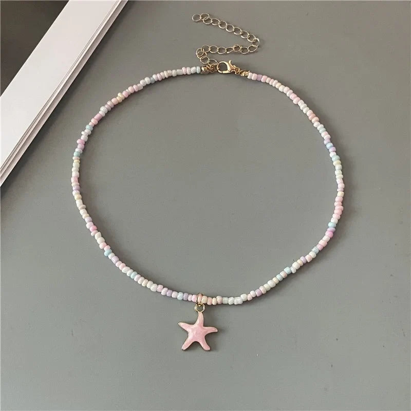 Colorful Pink Seashell Starfish Necklace