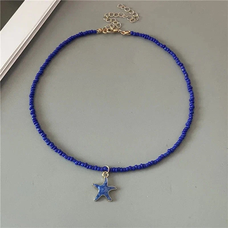 Colorful Blue Seashell Starfish Necklace