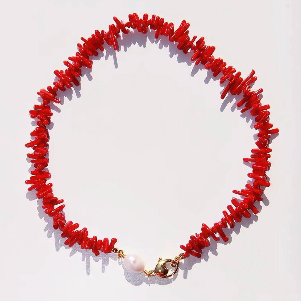 Red coral and white pearl necklace