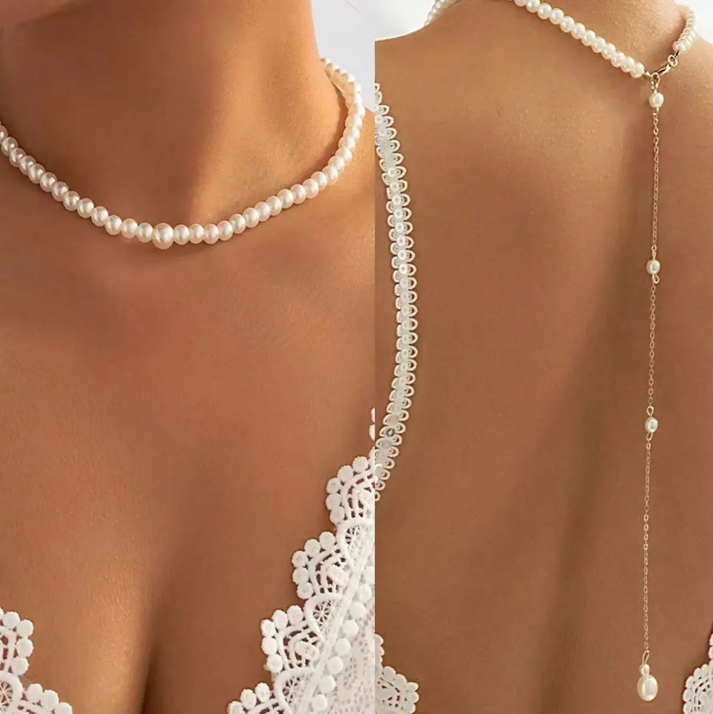 Back necklace with pearls - women's back chain