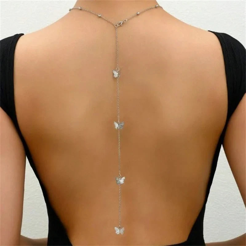 Butterfly back necklace - women’s back chain silver