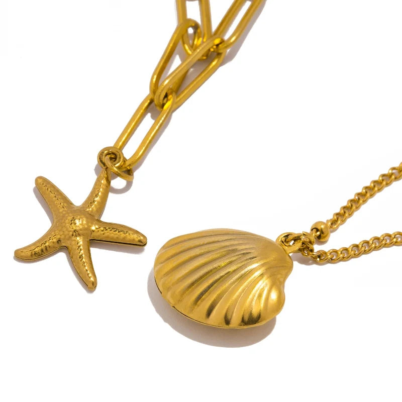 Double-Strand Necklace with Shell Pendants, Scallop Shell and Starfish