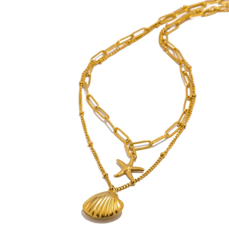 Double-Strand Necklace with Shell Pendants, Scallop Shell and Starfish