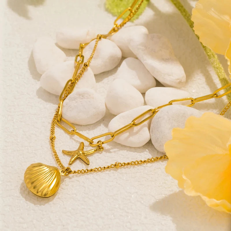 Double-Strand Necklace with Shell Pendants, Scallop Shell and Starfish