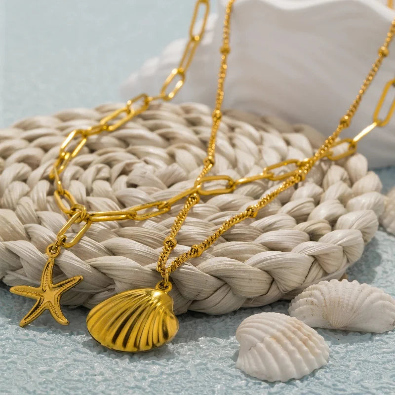 Double-Strand Necklace with Shell Pendants, Scallop Shell and Starfish