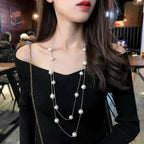 Long Double Necklace with Large White Pearls silver
