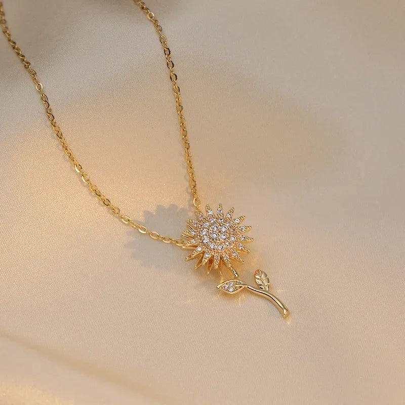 Elegant Necklace with Long Sunflower Flower Pendant