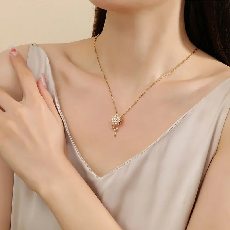 Elegant Necklace with Long Sunflower Flower Pendant