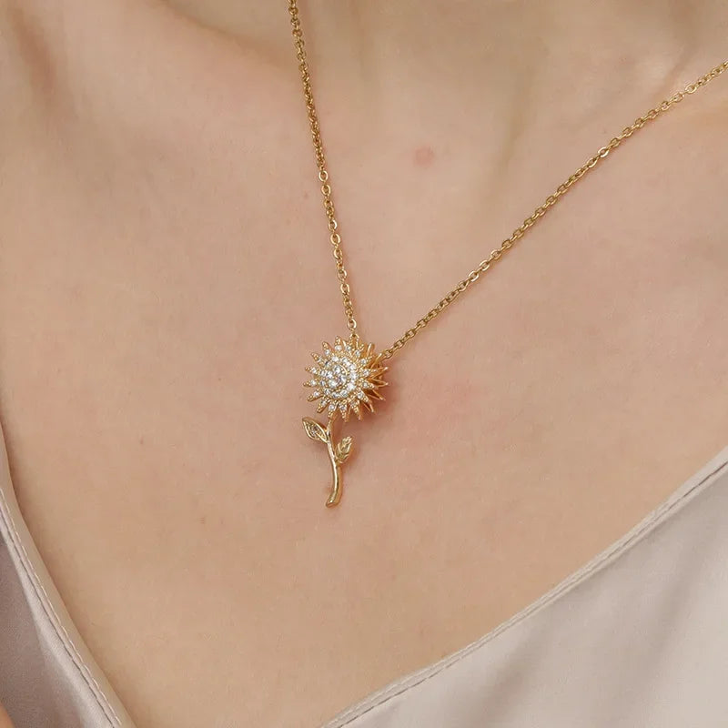 Elegant Necklace with Long Sunflower Flower Pendant