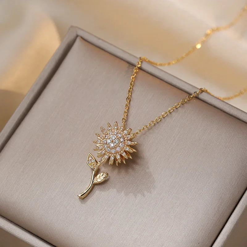 Elegant Necklace with Long Sunflower Flower Pendant
