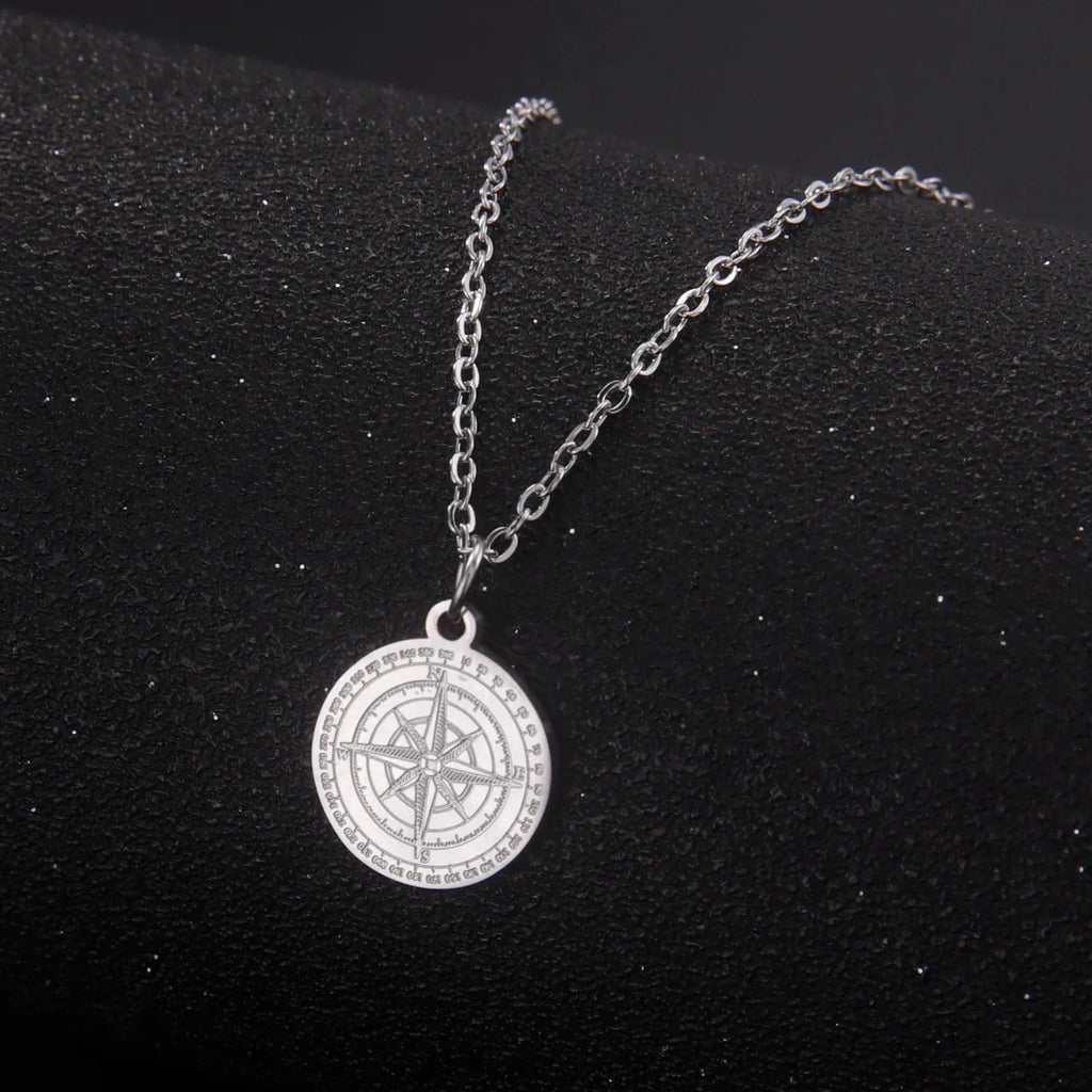 Women's Necklace with Compass Pendant, Wind Rose, Cardinal, Silver