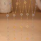 Long Necklace with Four-Leaf Clover and Zircon Pendants silver