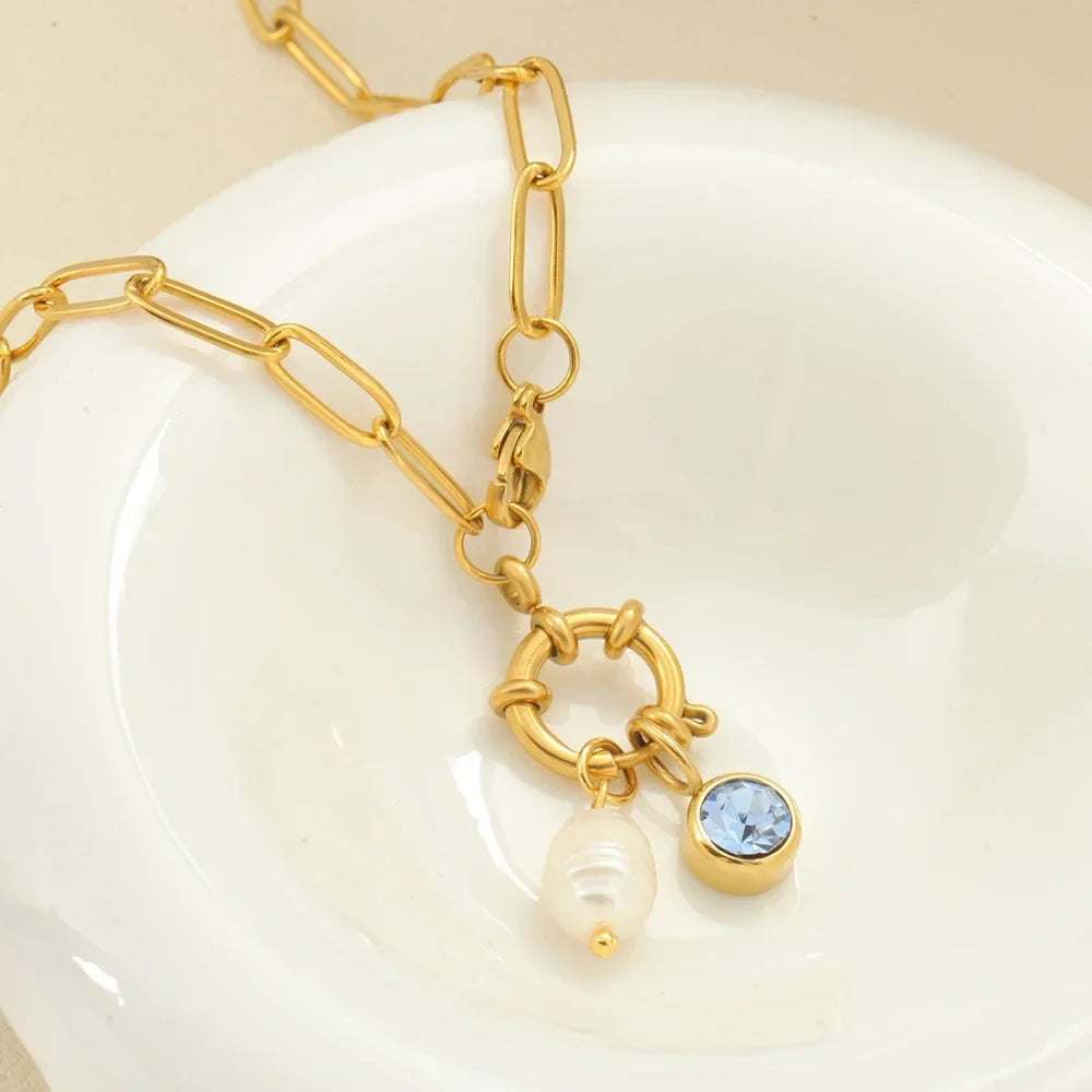 Chain necklace with pearl pendant and April birthstone