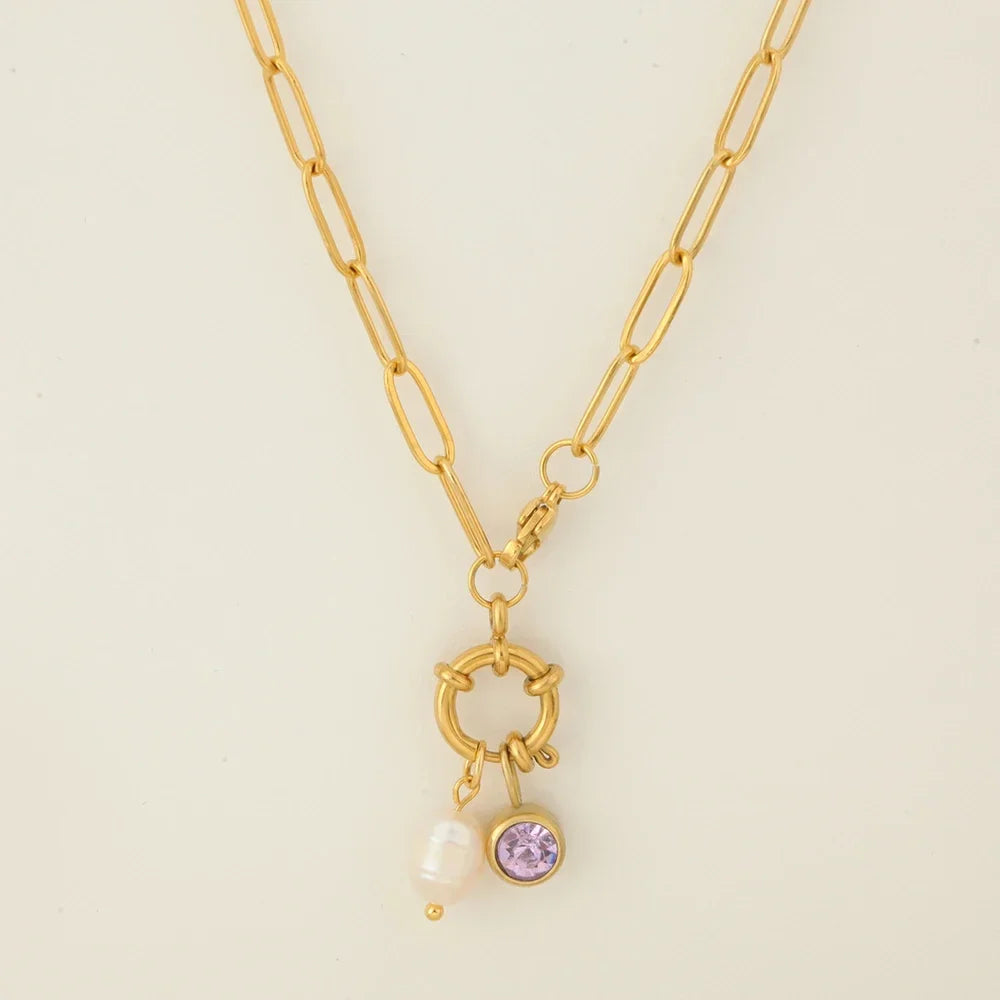 Chain necklace with pearl pendant and February birthstone
