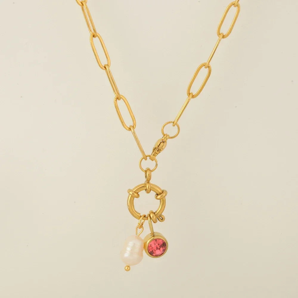 Chain necklace with pearl pendant and July birthstone