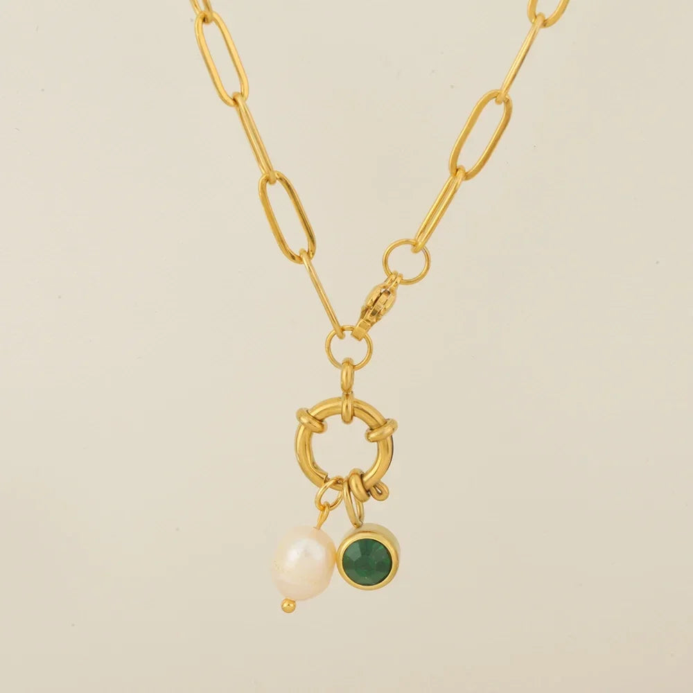Chain necklace with pearl pendant and May birthstone