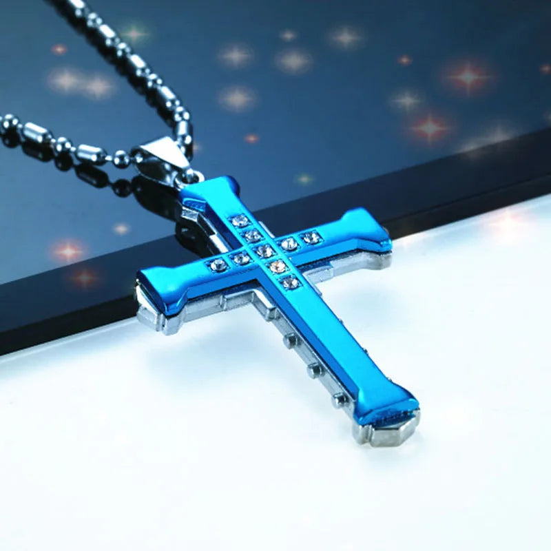 Men's Cross Necklace & Pendant in blue