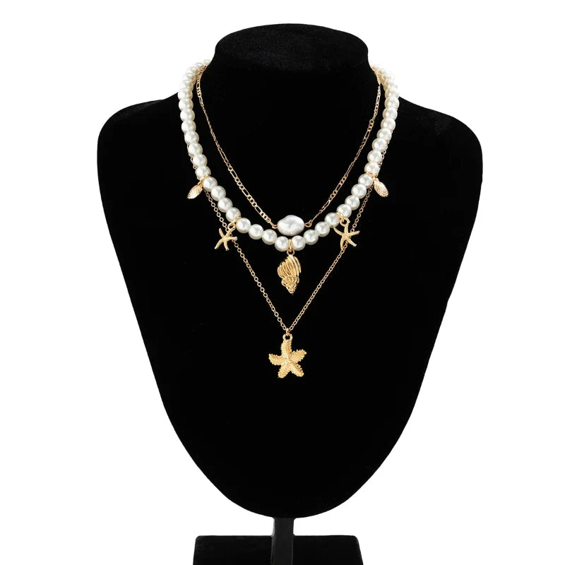 Multi-strand Necklace with Shell and Starfish Pendants