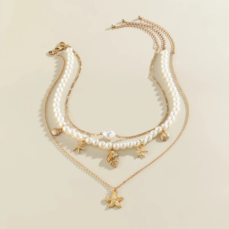 Multi-strand Necklace with Shell and Starfish Pendants