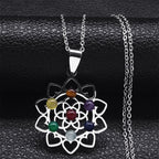 7 Chakras Sacred Flower Pendant Necklace Natural Stones Chain Men Women 1 silver