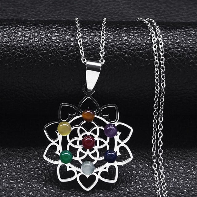 7 Chakras Sacred Flower Pendant Necklace Natural Stones Chain Men Women 1 silver