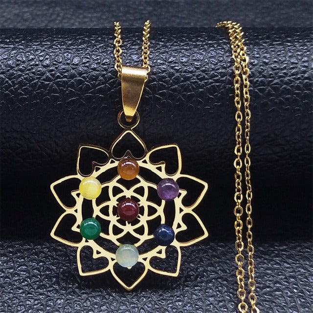 7 Chakras Sacred Flower Pendant Necklace Natural Stones Chain Men Women 1 gold