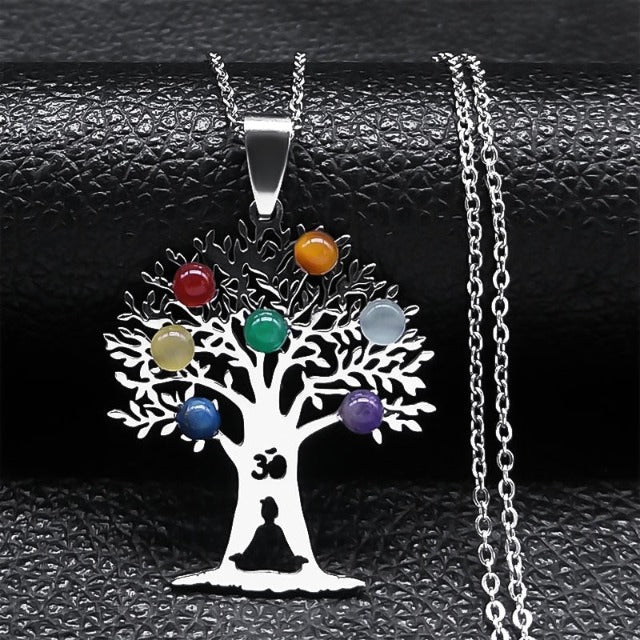 7 Chakras Sacred Flower Pendant Necklace Natural Stones Chain Men Women 2 silver