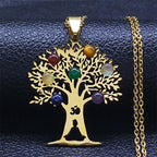 7 Chakras Sacred Flower Pendant Necklace Natural Stones Chain Men Women 2 gold