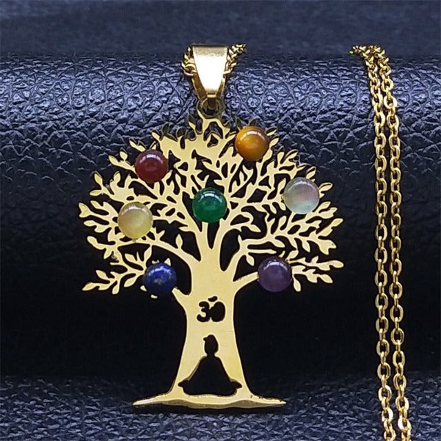 7 Chakras Sacred Flower Pendant Necklace Natural Stones Chain Men Women 2 gold