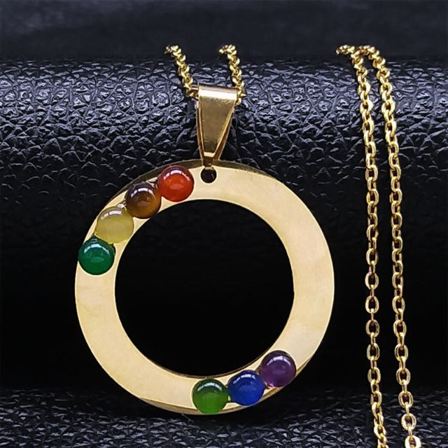 7 Chakras Sacred Flower Pendant Necklace Natural Stones Chain Men Women 3 gold