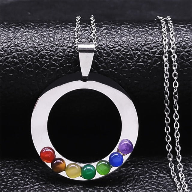 7 Chakras Sacred Flower Pendant Necklace Natural Stones Chain Men Women 4 silver