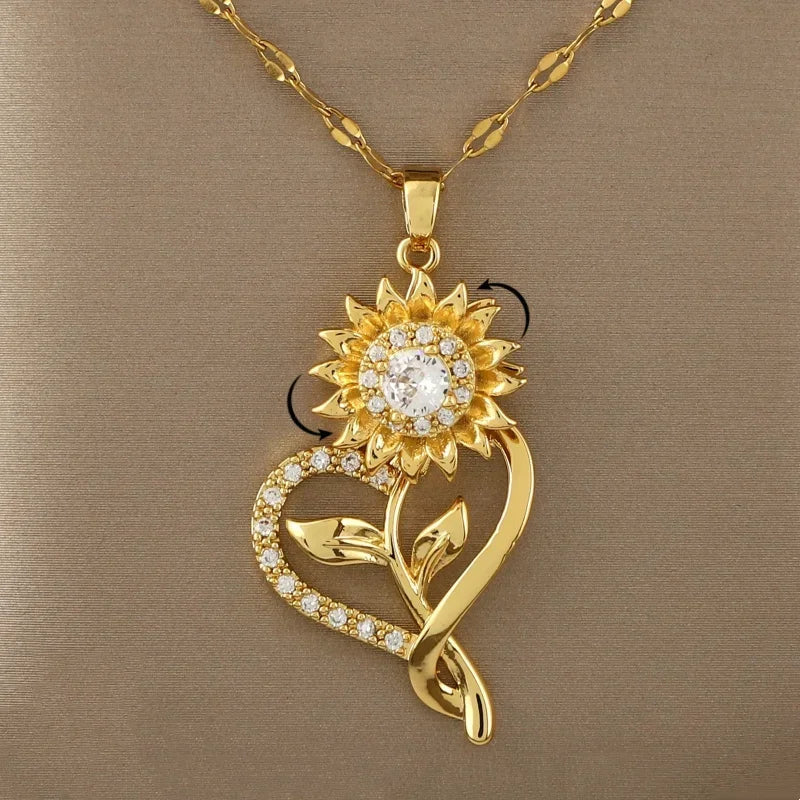 Spinner Heart and Sunflower Pendant Necklace