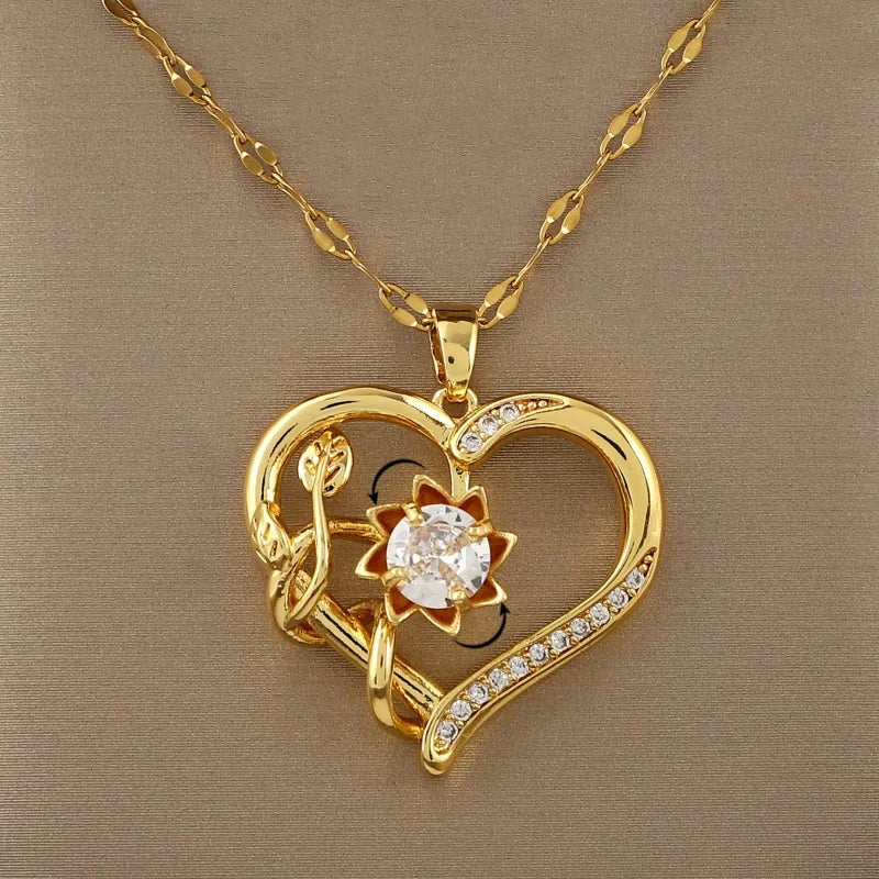Pendant Necklace with Heart and Rotating Flower Stress-Relief