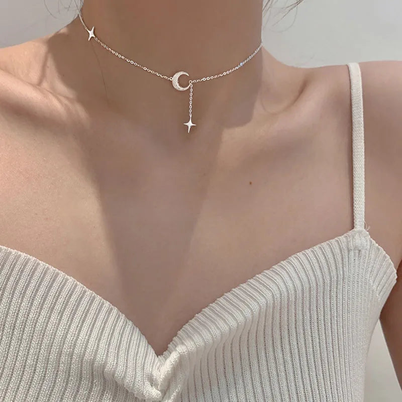 Moon and Star Zircon Pendant Necklace