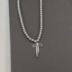 Necklace with Gray Bead Pendant and Bow Knot 