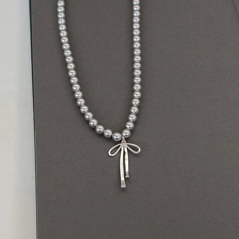 Necklace with Gray Bead Pendant and Bow Knot 