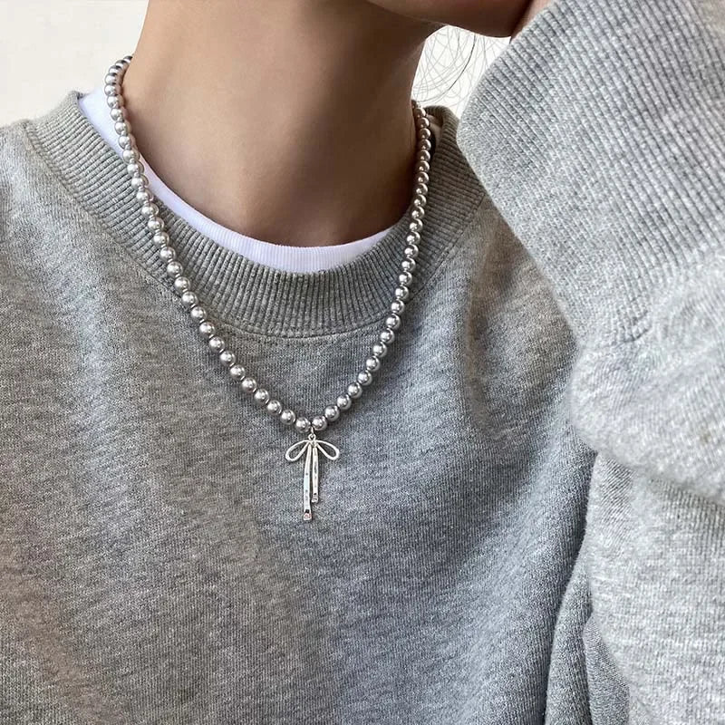 Necklace with Gray Bead Pendant and Bow Knot 