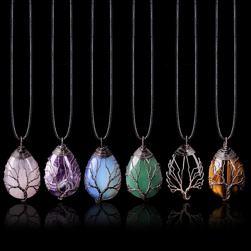 Natural Stone Sphere Pendant Necklace Tree of Life