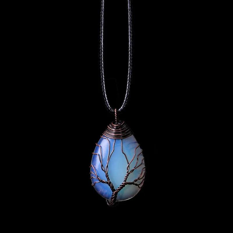 Natural Stone Sphere Pendant Necklace Tree of Life opal