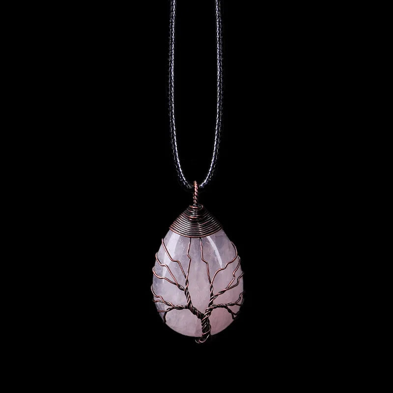 Natural Stone Sphere Pendant Necklace Tree of Life rose quartz