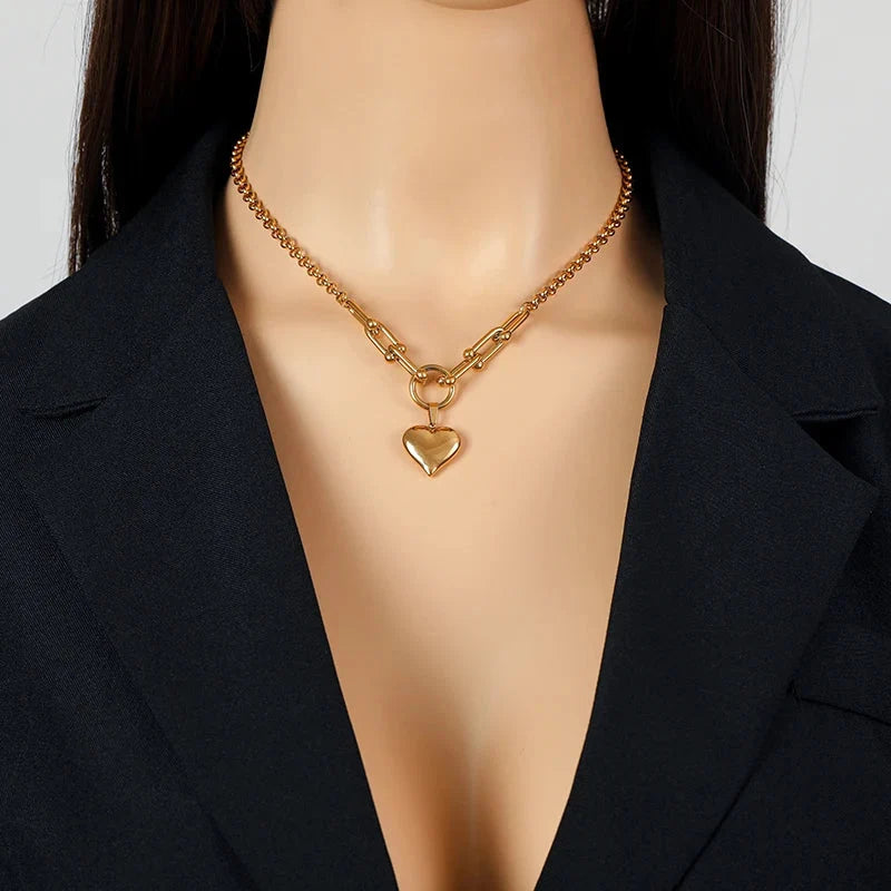 Gold Heart Pendant Choker Necklace