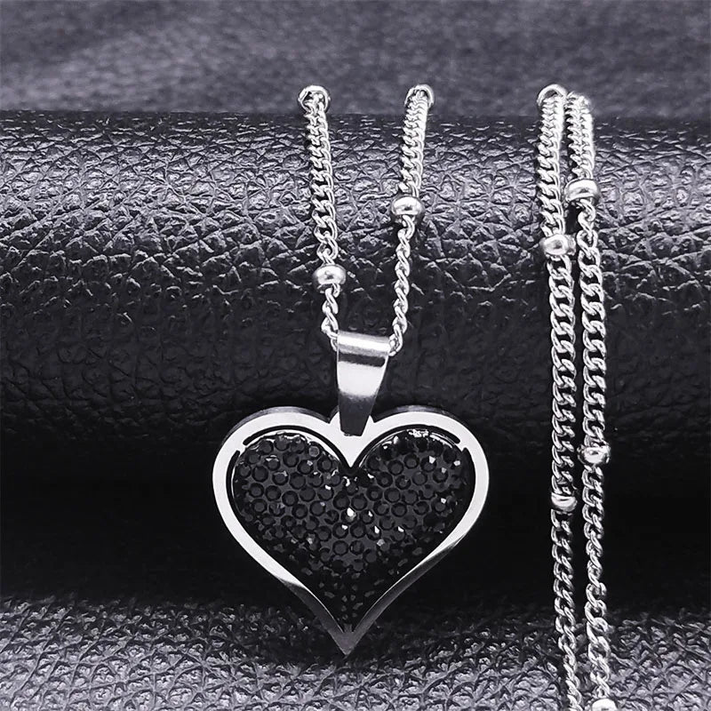 Heart Pendant Necklace with Silver and Black Cubic Zirconia