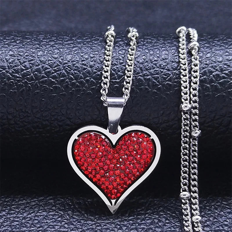 Heart Pendant Necklace with Silver and Red Cubic Zirconia